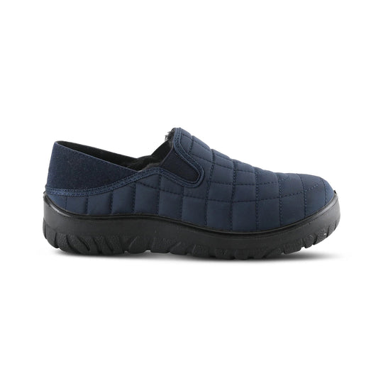 Navy quilted slip-on shoe with a black treaded sole