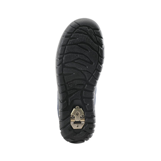 Black winter shoe outsole with aggressive tread and a metal cleat on the heel