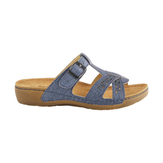 Blue denim slide sandal with cutout straps, buckle detail, and a cork-style wedge sole