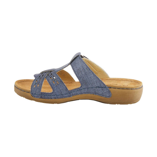 Blue denim slide sandal with cutout straps and cork footbed