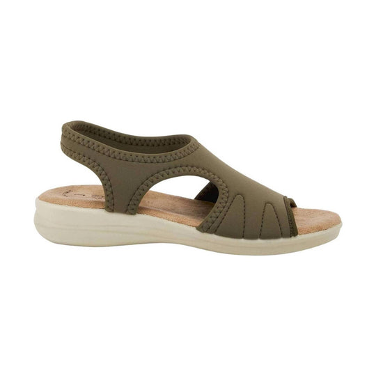 Olive closed-toe sandal with side cutouts and a cushioned white wedge sole