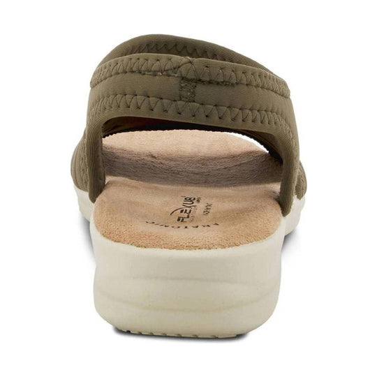 Olive slip-on sandal with wide stitched straps and a thick white platform sole