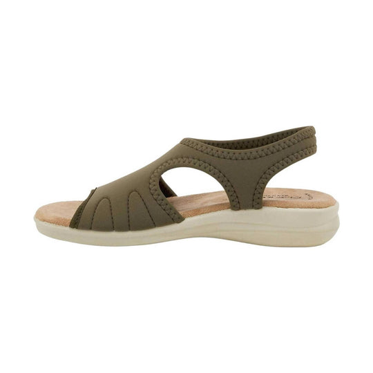 Olive slip-on sandal with open sides, stitched trim, and a white cushioned sole