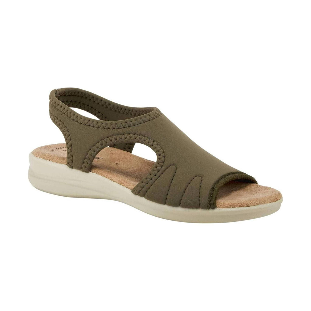 Olive closed-toe sandal with side cutouts, stitched straps, and a cushioned wedge sole