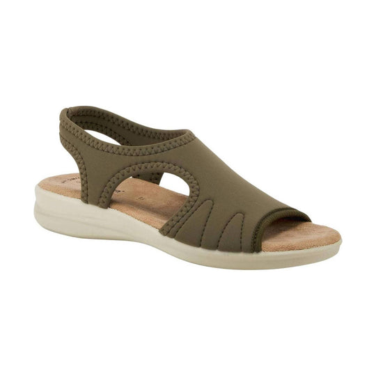 Olive closed-toe sandal with side cutouts, stitched straps, and a cushioned wedge sole