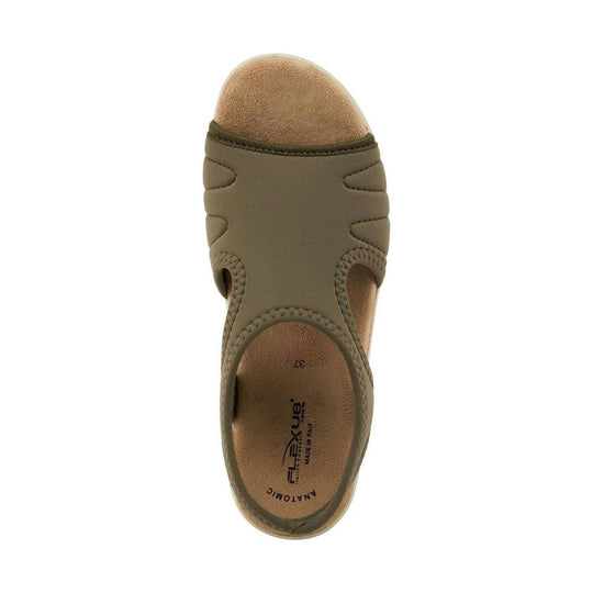 Olive closed-toe sandal with tan toe cap, side cutouts, and stitched trim