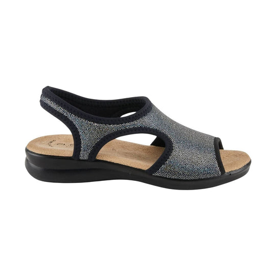 Black slingback wedge sandal with side cutouts and a cork footbed