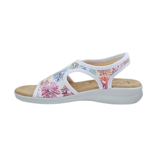 White floral open-toe sandal with a cushioned footbed and low wedge sole