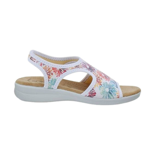 White slingback sandal with pastel floral print, open side cutouts, and a cushioned white sole
