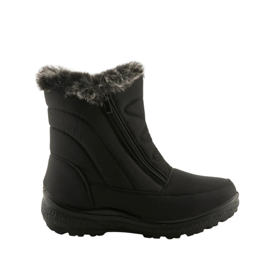 Black mid-calf winter boot with faux-fur trim, side zipper, and treaded sole