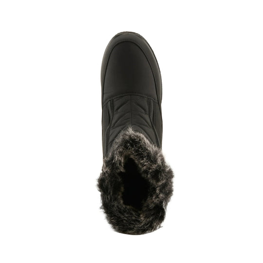 Black winter boot with faux-fur cuff and smooth toe, viewed from above