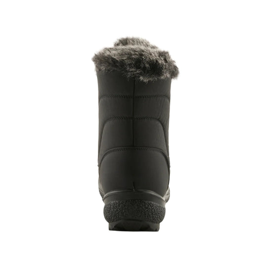 Black winter boot with faux-fur cuff, padded shaft, and textured tread sole, rear view