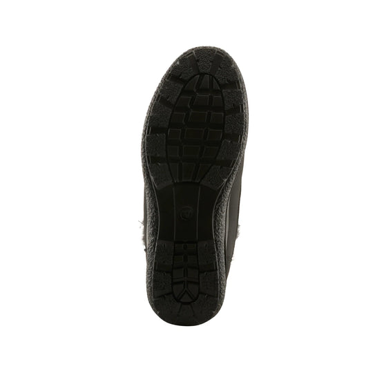 Black winter boot sole with rugged tread pattern, shown from the bottom