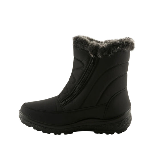 Black mid-calf winter boot with faux-fur cuff and side zipper