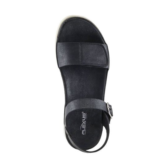 Black open-toe sandal with a wide toe strap, ankle strap, and buckle closure