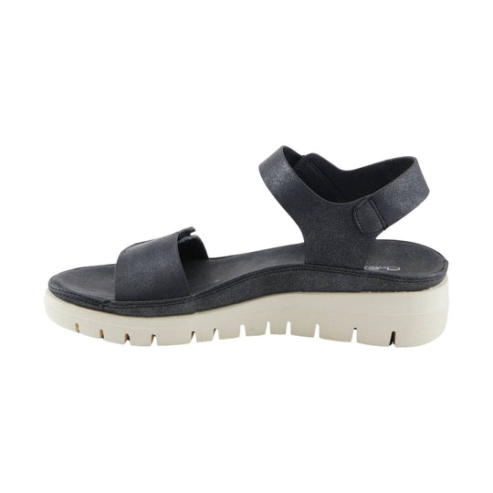 Black platform sandal with wide toe strap and ankle strap