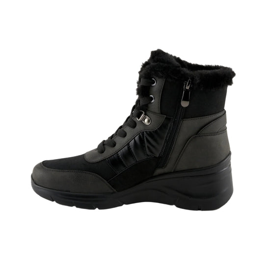 Black mid-calf winter boot with faux-fur cuff, lace-up front, side zipper, and thick treaded sole