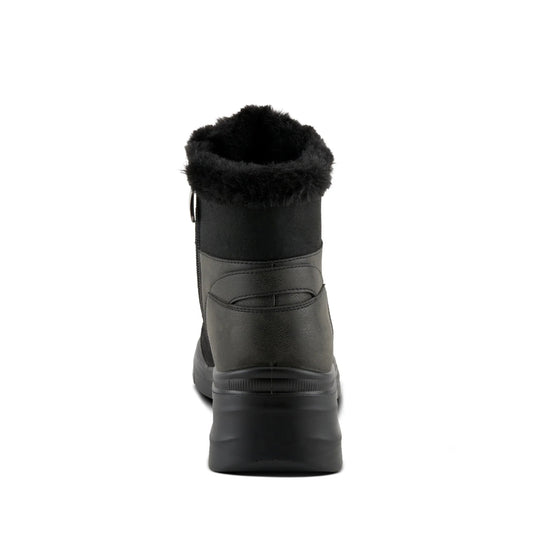 Black ankle boot with faux fur collar and thick platform sole, rear view