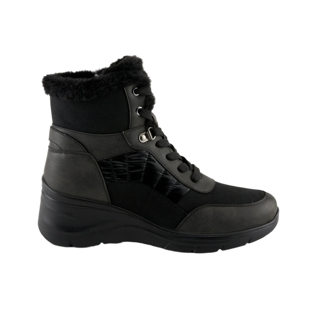 Black mid-calf winter boot with faux-fur lining, lace-up front, and chunky platform sole