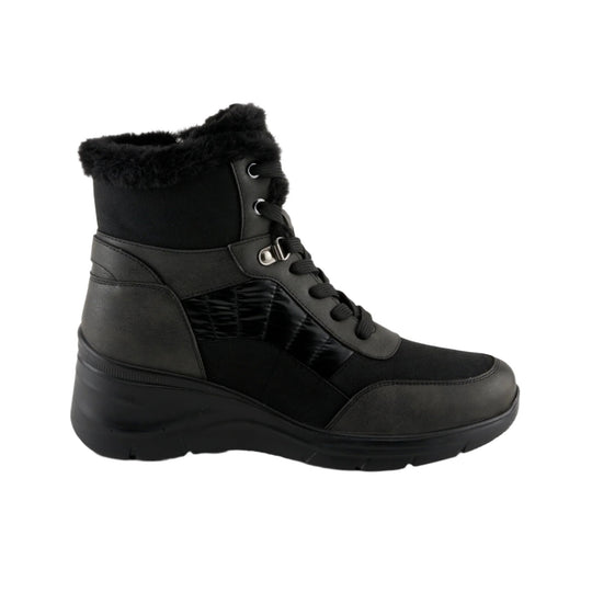 Black mid-calf winter boot with faux-fur lining, lace-up front, and chunky platform sole