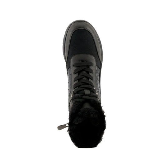 Black waterproof lace-up boot with faux-fur lining