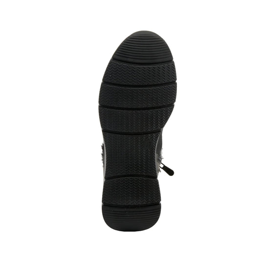 Black boot sole with zigzag tread and ribbed heel and toe sections