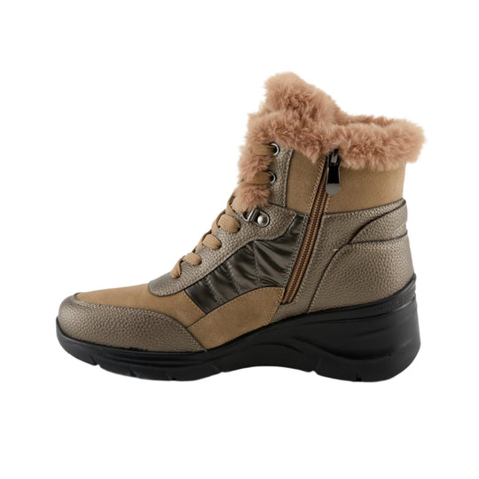 Taupe ankle boot with faux fur trim, side zipper, and black wedge sole
