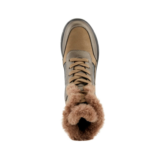 Taupe high-top winter boot with faux fur lining and tan laces, shown from above