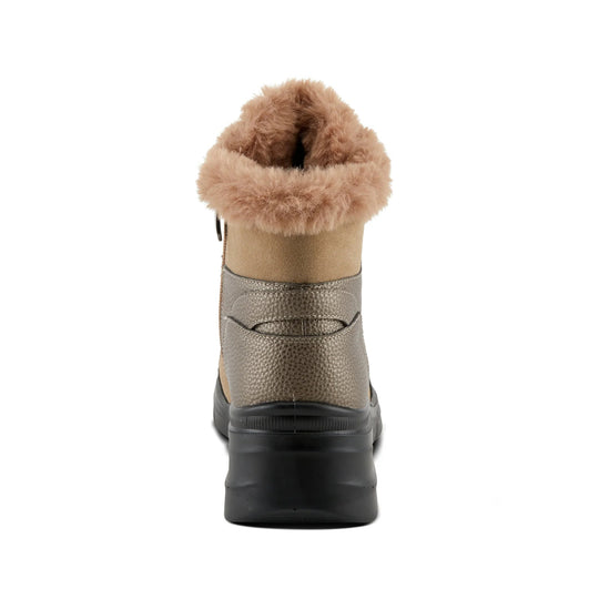 Taupe and metallic winter boot with faux fur cuff, side zipper, and black platform sole, back view