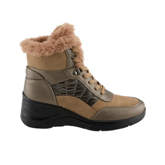 Taupe lace-up ankle boot with faux-fur collar and black wedge sole