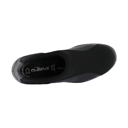 Black slip-on shoe with stitched seams and a rounded toe, shown from above