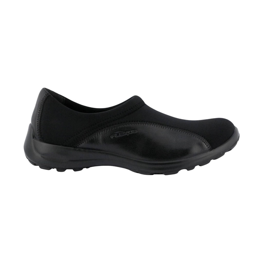 Black slip-on shoe with a stretchy upper, rounded toe, and thick sole