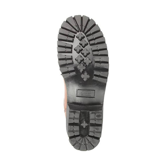 Close-up of a boot sole with brand logo on a white background