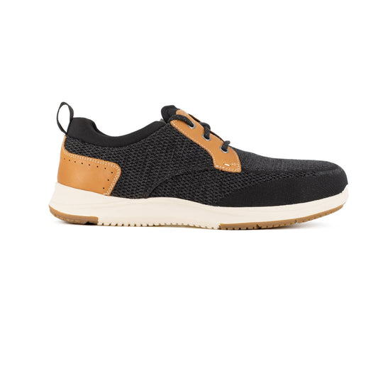 Black knit casual sneaker with tan leather overlays, white midsole, and pull tab