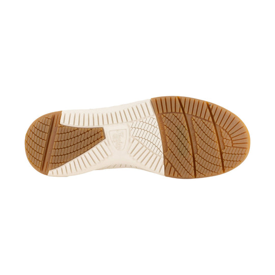 Brown and white work shoe outsole with traction lugs and embossed sole text