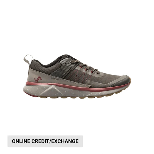 Gray low-top hiking shoe with black mesh panels, red accents, and a speckled white midsole