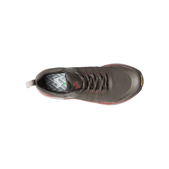 Brown low-top hiking shoe with bungee laces, textured upper, and red trim, top view