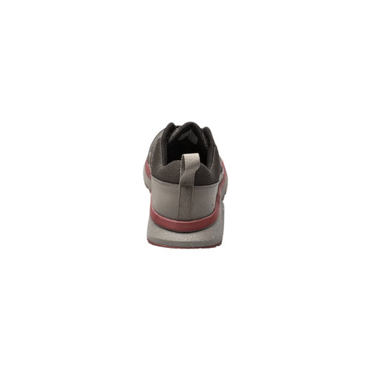 Rear view of a gray and brown low hiking shoe with a red heel accent and pull tab