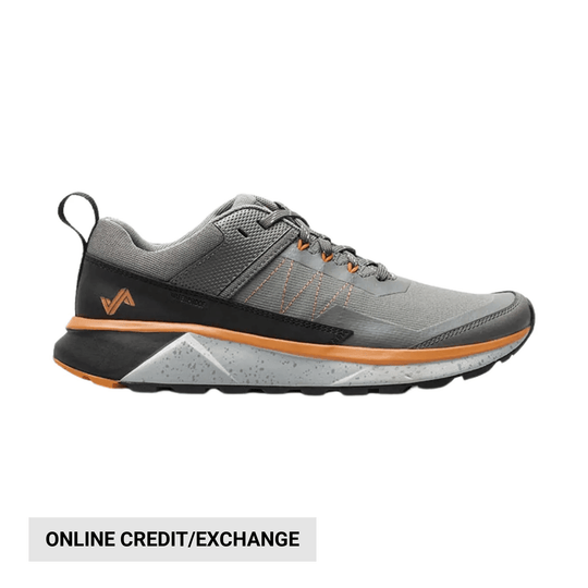 Gray and black low hiking shoe with orange accents and a speckled midsole, side view