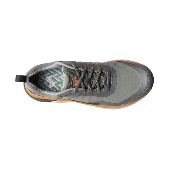Gray low hiking shoe with orange trim, black laces, and a pull tab, shown from above