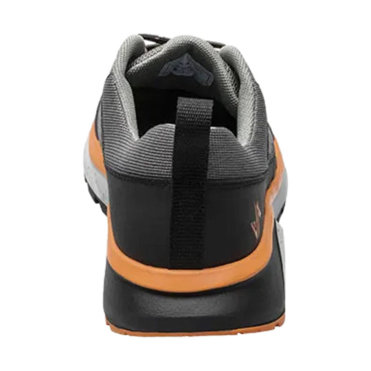 Rear view of a gray and black hiking shoe with orange trim and a pull tab