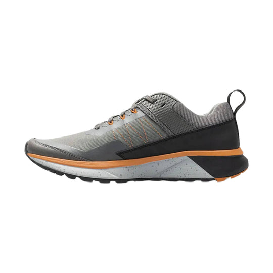 Gray low-top hiking shoe with black heel overlay, orange accents, and a pull loop