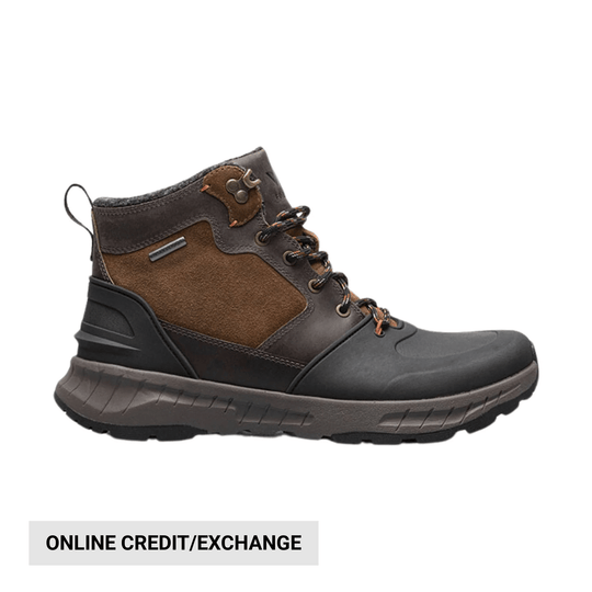 Brown and black mid-height hiking boot with lace-up front and chunky tread sole