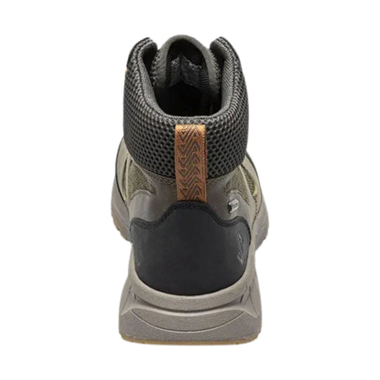 Rear view of a black and olive hiking boot with a textured mesh collar and thick gray sole