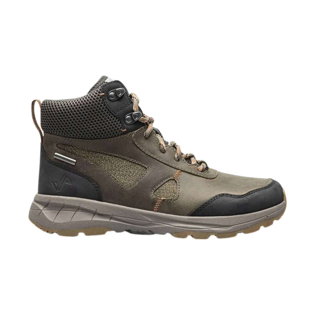 High-top hiking boot in olive, brown, and black with mesh panels, metal eyelets, and lugged sole