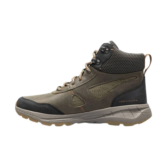 Olive and black waterproof hiking boot with mesh collar, laces, and lug sole