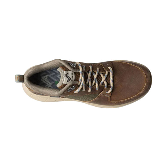 Brown mid-top hiking boot with tan sole, patterned laces, and visible VORSAKE logo on the tongue