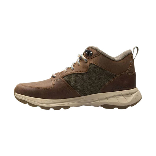 Brown mid-top hiking boot with tan sole, knit side panels, and striped laces