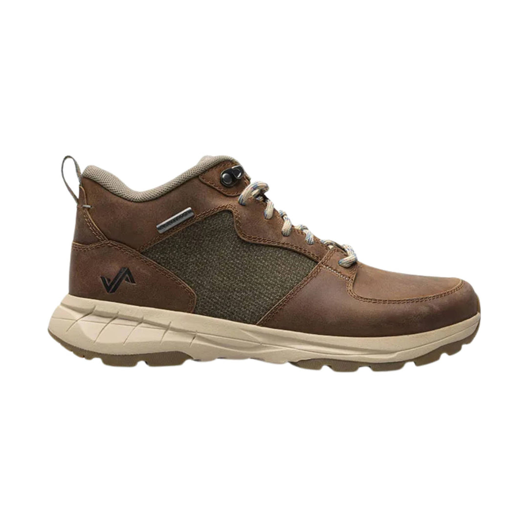 Brown mid-top hiking boot with tan outsole, mesh side panels, and bungee laces