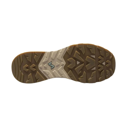 Brown and tan boot outsole with deep tread and a small logo mark at center